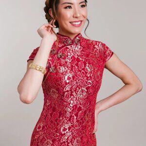 Melinda Dress Qipao - Wine Red Lace